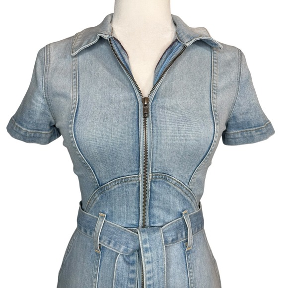 Alice + Olivia Jeans Blue Denim Mini Dress Size 2 Zipper Front Pockets Belted - Picture 3 of 14